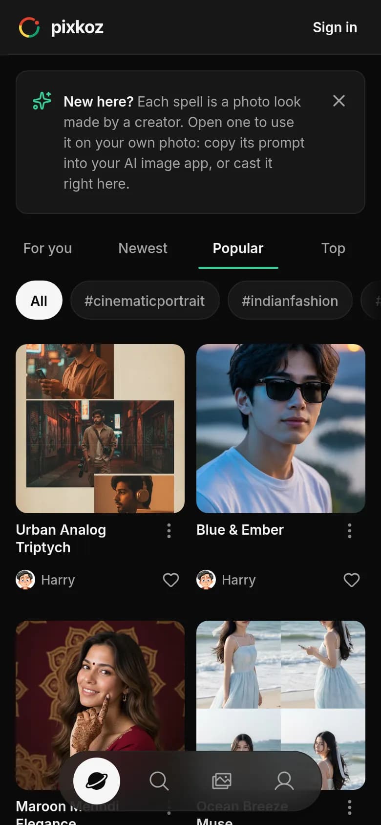 The Discover screen of pixkoz on a phone: a short explainer of what a spell is, the For you, Newest, Popular and Top tabs, hashtags, and a grid of spells made by the pixkoz team. The pictures are AI-generated.