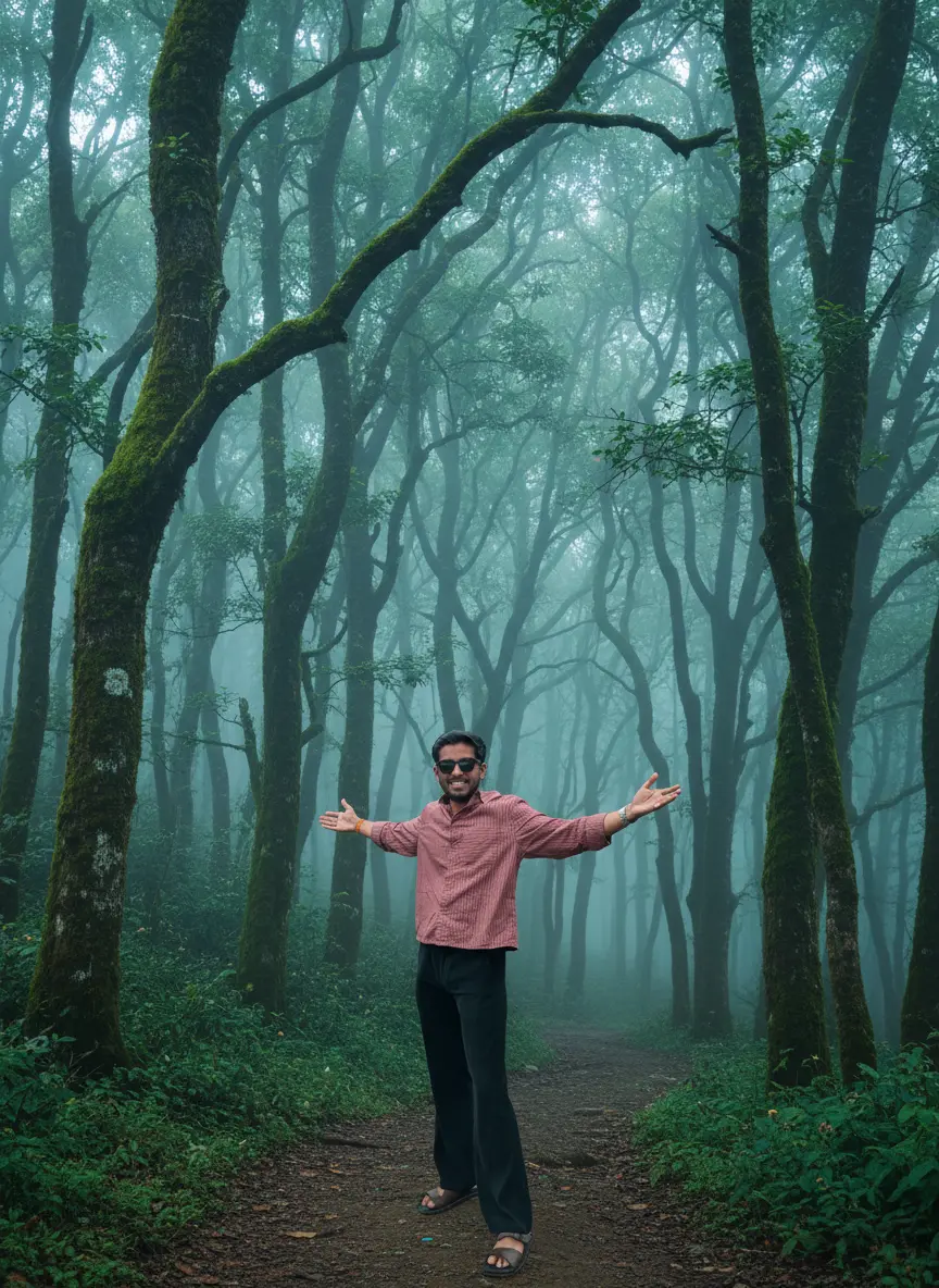 The result of a Studio test of the Into the mist spell: the same person, remade in a misty forest. AI-generated.