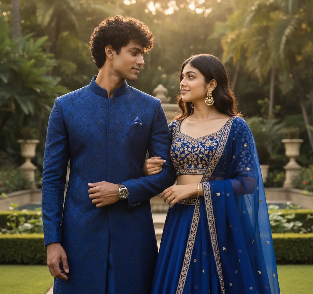 Royal Cobalt Love — South Asian Couple Portrait AI photo by Serene